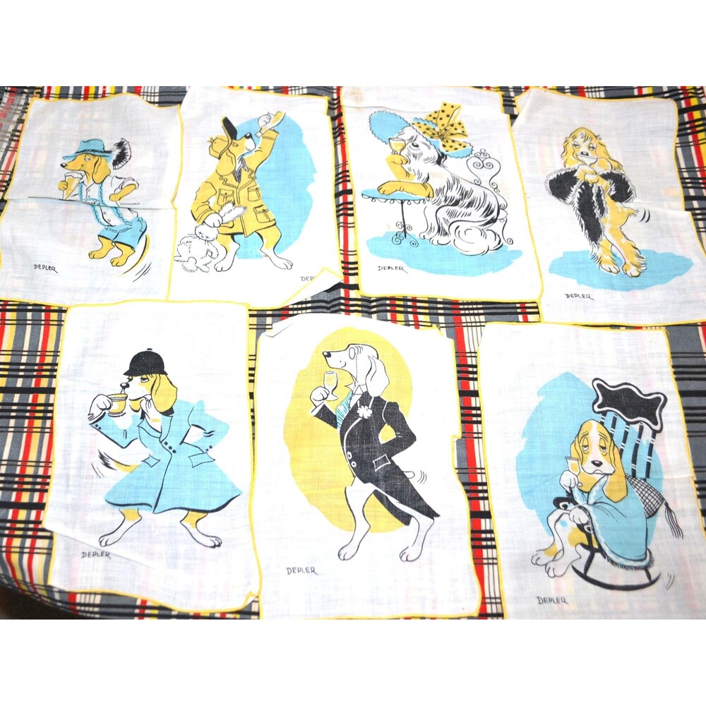 1940 Depler Cocktail Napkins Set of Seven Anthropomorphic Dogs Very Rare - Picture 1 of 6